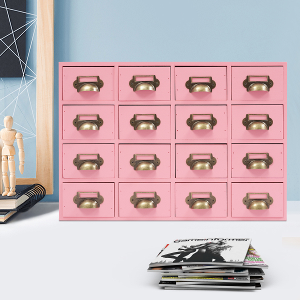 Schubladen-Aufbewahrungsschrank, 16-Schubladen-Schrank, Medizinschrank aus Holz, Schubladen-Organizer für den Schreibtisch – Pink