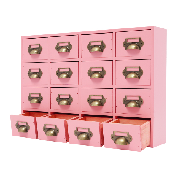 Schubladen-Aufbewahrungsschrank, 16-Schubladen-Schrank, Medizinschrank aus Holz, Schubladen-Organizer für den Schreibtisch – Pink