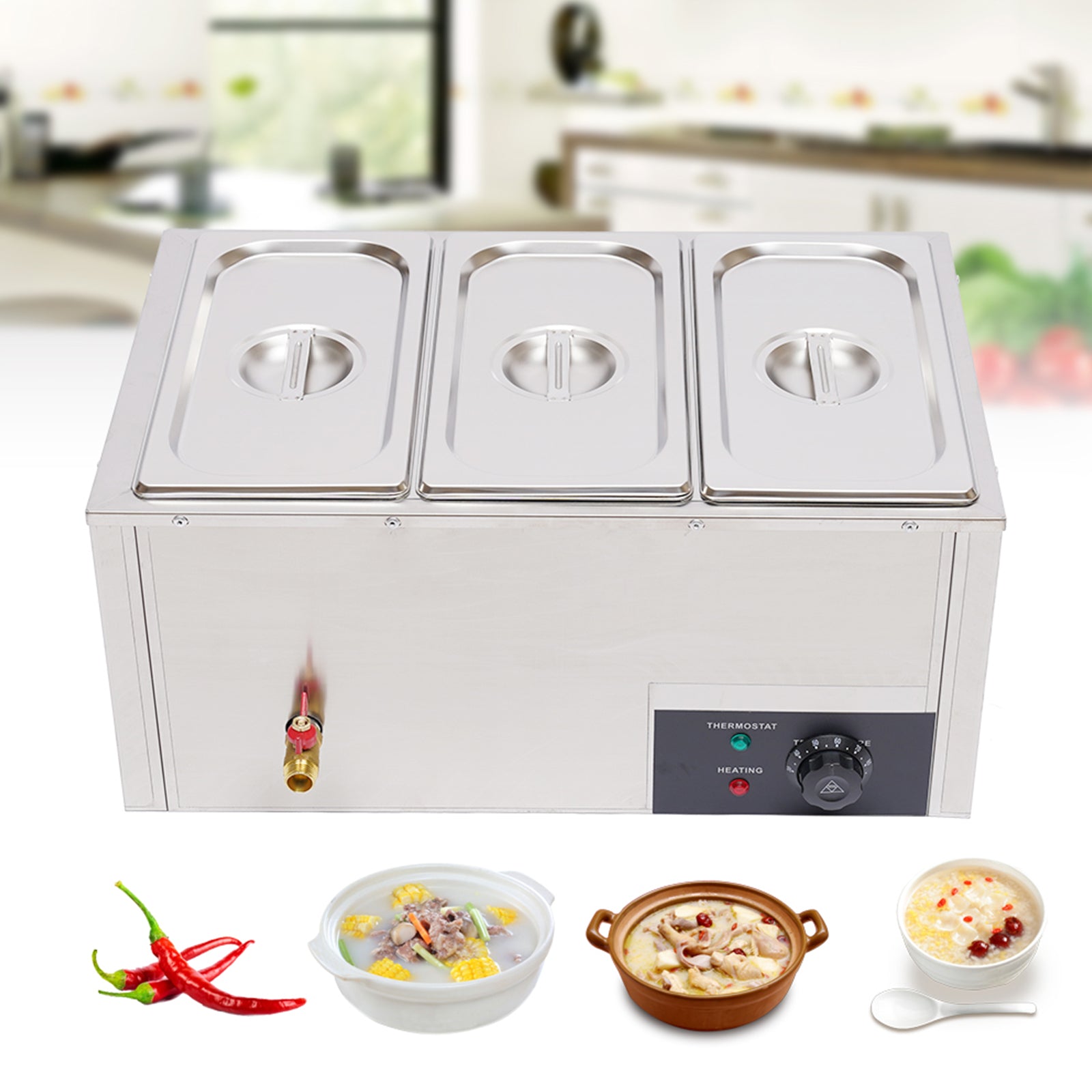 1/3 * 3 Satz elektrischer Lebensmittelwärmer 7L Edelstahl Warm-Wasserbad