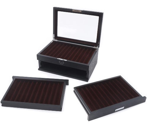 Stifthalterbox aus Holz 34 Slots Stiftebox Stifte Sammelbox mit Vitrine 3 Schichten Füllfederhalter Organizer Box Schwarz