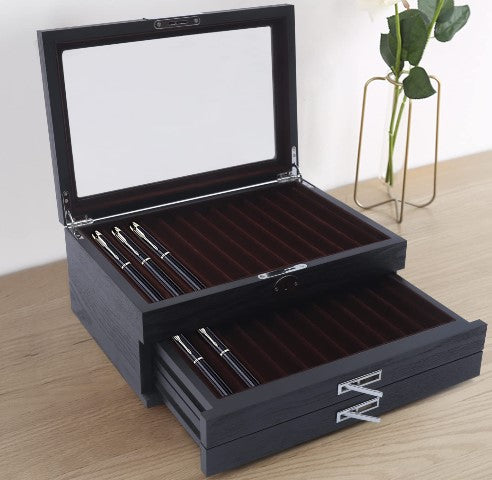 Stifthalterbox aus Holz 34 Slots Stiftebox Stifte Sammelbox mit Vitrine 3 Schichten Füllfederhalter Organizer Box Schwarz