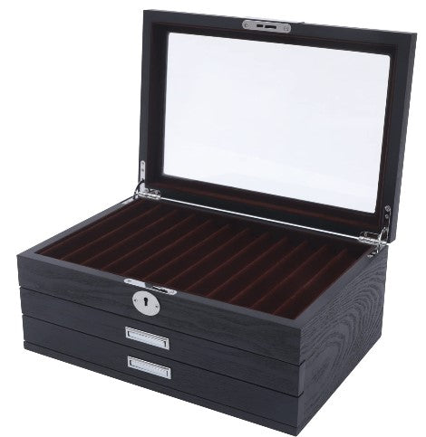 Stifthalterbox aus Holz 34 Slots Stiftebox Stifte Sammelbox mit Vitrine 3 Schichten Füllfederhalter Organizer Box Schwarz