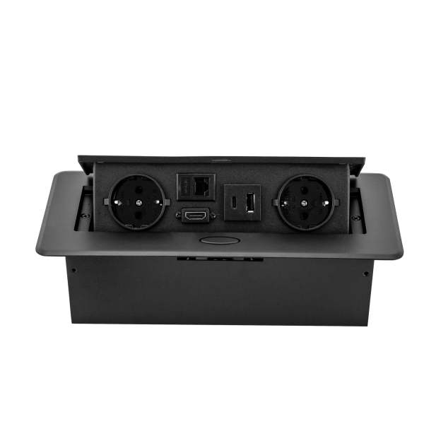 Einziehbare Tischsteckdose Steckdosen mit 2 EU LAN HDMI und 5V 2A USB Typec Ladegeräten Schwarz