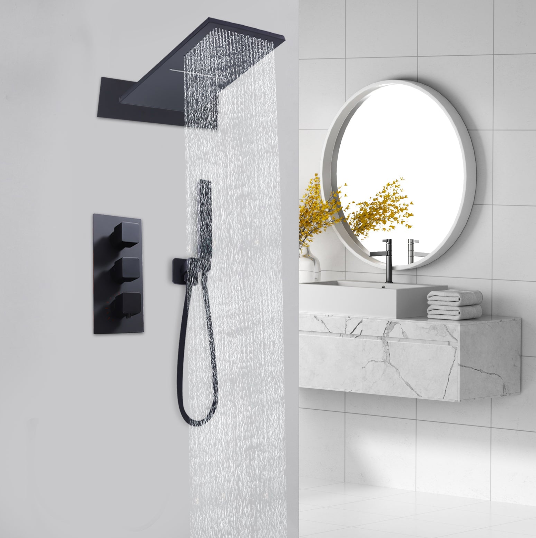 Unterputz-Brausearmaturenset Schwarz Thermostat-Brausesystem Regenbrause-Set mit Duschkopf Handbrause für Badewannen