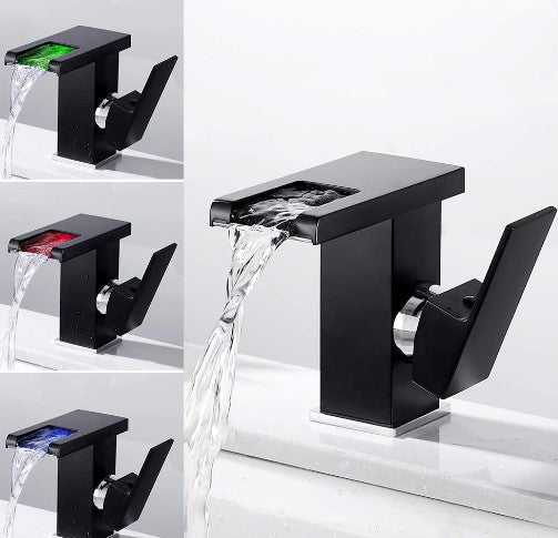 Wasserfall Wasserhahn Bad Waschtischarmatur mit LED Farbewechsel Beleuchtung, Moderner Stil