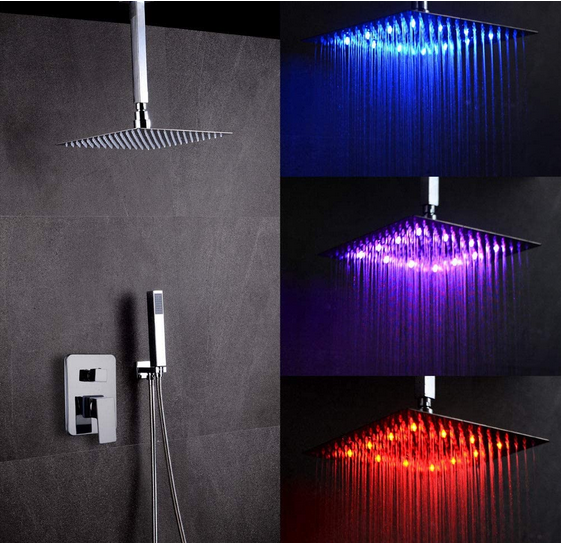 30 * 30cm Quadratisch Duschset mit LED Regen Kopfbrause und Handbrause