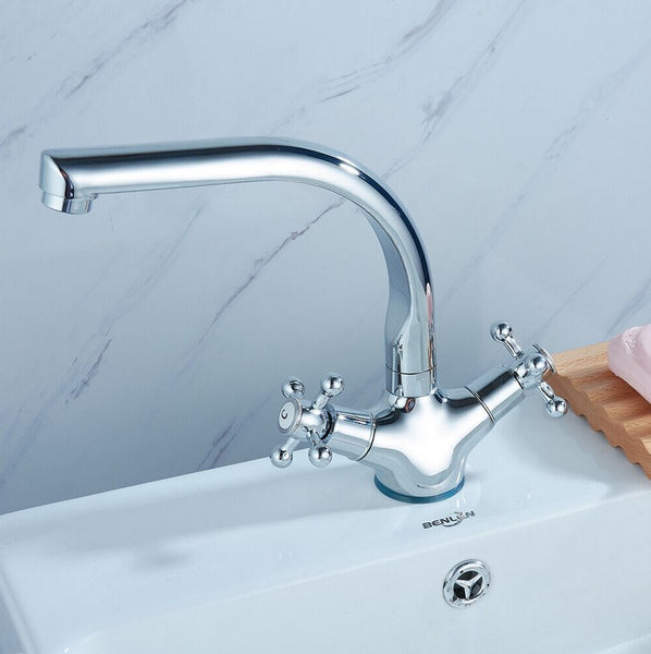 Retro Zweigriffmischer Messing Doppelgriff Waschbecken-Armaturen Wasserhahn Ein-Loch Badarmatur Küchenarmatur