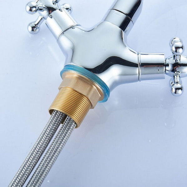 Retro Zweigriffmischer Messing Doppelgriff Waschbecken-Armaturen Wasserhahn Ein-Loch Badarmatur Küchenarmatur