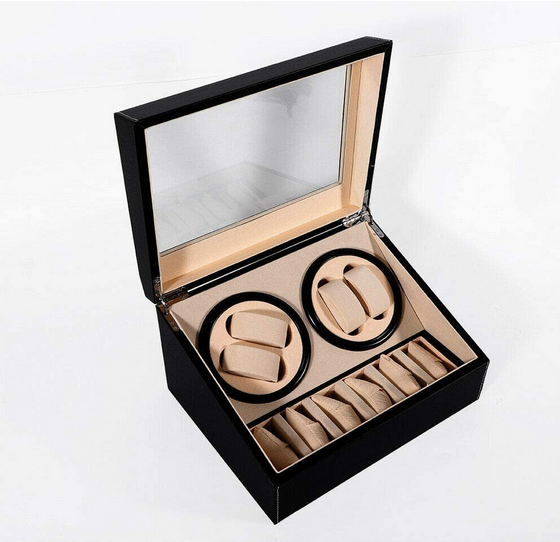 Uhrenbox PU 4+6 Automatik-Rotations-Uhrenbox mit 10 Abnehmbare Kissen (Schwarz/Braun)