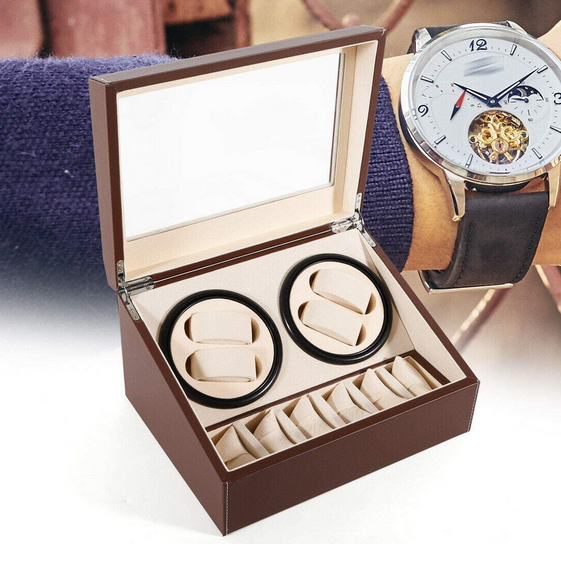 Uhrenbox PU 4+6 Automatik-Rotations-Uhrenbox mit 10 Abnehmbare Kissen (Schwarz/Braun)