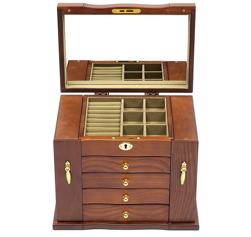 Holz Schmuckkasten Groß Schmuckkästchen 5 Ebenen Schmuckkoffer mit 5 Schubladen, 2 Ausklappbare Schränke und Spiegel