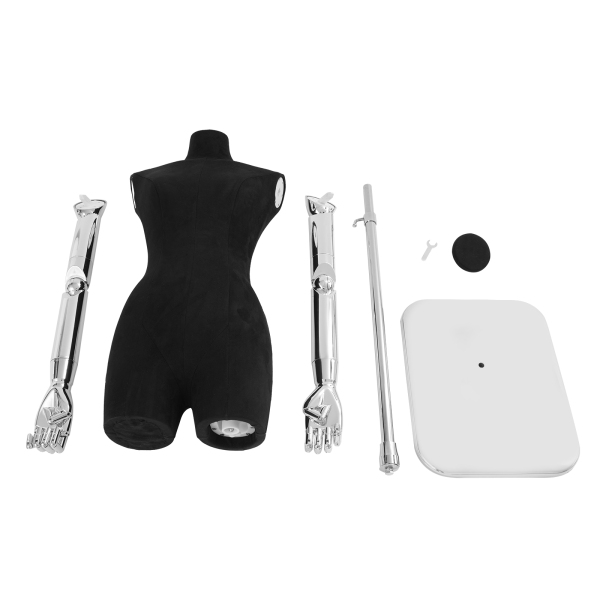 120–210 cm Damen-Schneiderpuppe, höhenverstellbar – Schwarzer Körper + Silberne Zeiger + Silberner quadratischer Boden