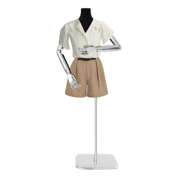 120–210 cm Damen-Schneiderpuppe, höhenverstellbar – Schwarzer Körper + Silberne Zeiger + Silberner quadratischer Boden
