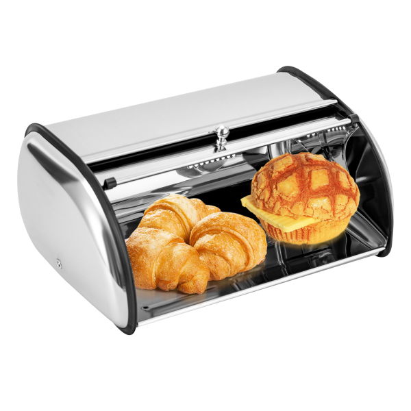 Brotkasten aus Edelstahl für die Küchenarbeitsplatte, Brotbehälter aus Edelstahl mit Rolldeckel und Sichtfenster