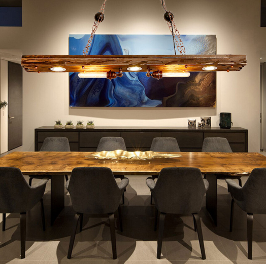 Vintage-Kronleuchter aus Holz, mit einer Kombination aus Holz + schwarzem Eisen