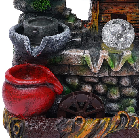 Zimmerbrunnen mit Nebel LED Beleuchtung, Tischbrunnen Zimmerbrunnen GartenAquariumHarz Desktop-Brunnen