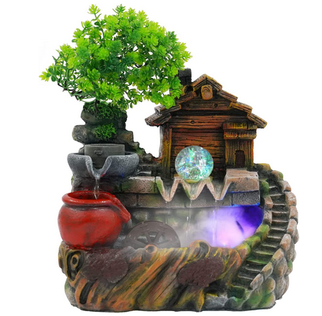 Zimmerbrunnen mit Nebel LED Beleuchtung, Tischbrunnen Zimmerbrunnen GartenAquariumHarz Desktop-Brunnen