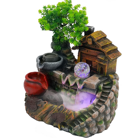 Zimmerbrunnen mit Nebel LED Beleuchtung, Tischbrunnen Zimmerbrunnen GartenAquariumHarz Desktop-Brunnen