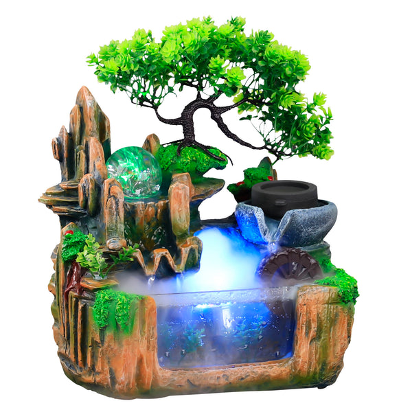 Zimmerbrunnen mit Nebel LED Beleuchtung, Tischbrunnen Zimmerbrunnen GartenAquariumHarz Desktop-Brunnen