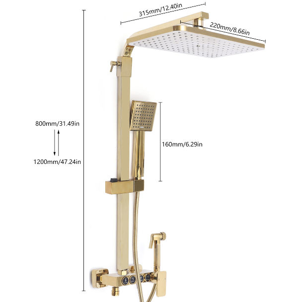 Duschsystem Duscharmatur Regendusche Duschset mit Dusch Handbrause Duschstange Messing 9x9" Kopfbrause Gold