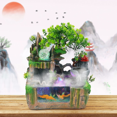 Zimmerbrunnen Zen Wasserfall Indoor Desktop Brunnen Wasserfall Nebel Effekt LED Fisch Aquarium