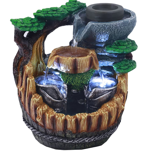 CNCEST Resin Steingarten Wasserfall Garten Brunnen Pflanze LED Zimmerbrunnen Ornament