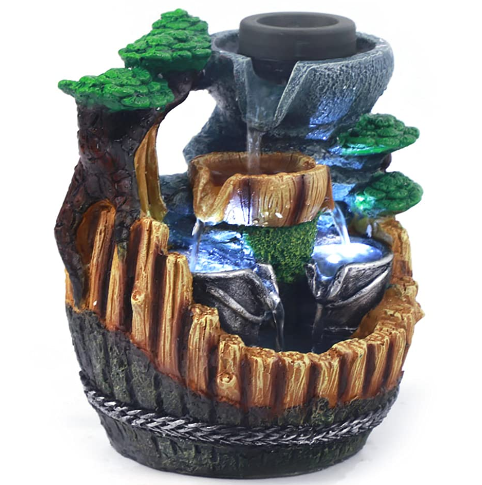 CNCEST Resin Steingarten Wasserfall Garten Brunnen Pflanze LED Zimmerbrunnen Ornament
