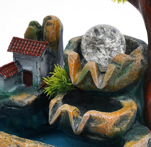 Zimmerbrunnen Harz Desktop Brunnen mit Farbwechsel-LED Beleuchtung Zerstäubter Luftbefeuchter Rockery Wasserfall-Brunnen
