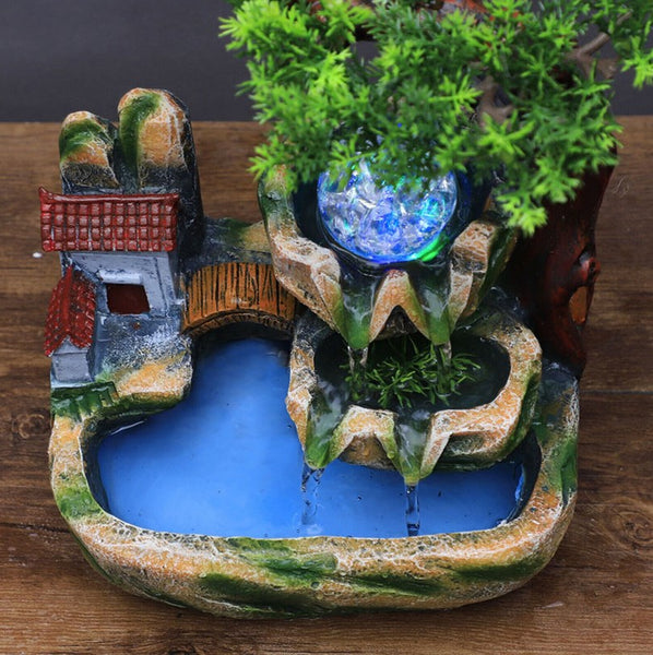 Zimmerbrunnen Harz Desktop Brunnen mit Farbwechsel-LED Beleuchtung Zerstäubter Luftbefeuchter Rockery Wasserfall-Brunnen