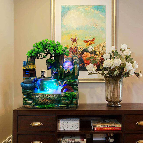 Zimmerbrunnen Brunnen mit Luftbefeuchter Polyresin Tischbrunnen mit Deko-Steingarten Teich Wasserspiel Desktop Wasserfall