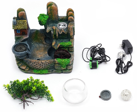 Zimmerbrunnen Brunnen mit Luftbefeuchter Polyresin Tischbrunnen mit Deko-Steingarten Teich Wasserspiel Desktop Wasserfall