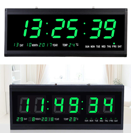 LED Digitaluhr Plastik Rahmen Netzbetriebene Kalender Uhr Temperatur Wanduhren