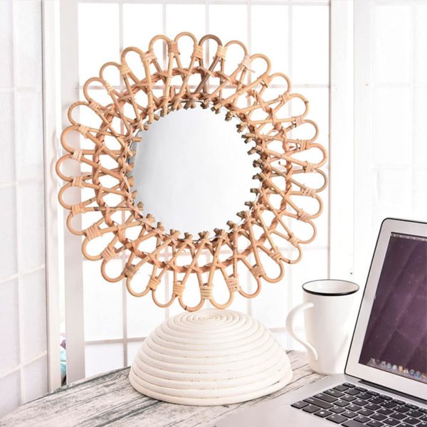 CNCEST Wandbehang Spiegel Rattan Sonnenblumen Kreis Wand Spiegel Dekor Nordische Primärfarben Wicker Make-Up Spiegel