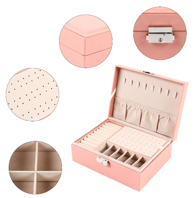 Schwarz / Rosa Schmuckkästchen mit zwei Schichten, Schmuckbox, 2 Schichten aus PU-Leder