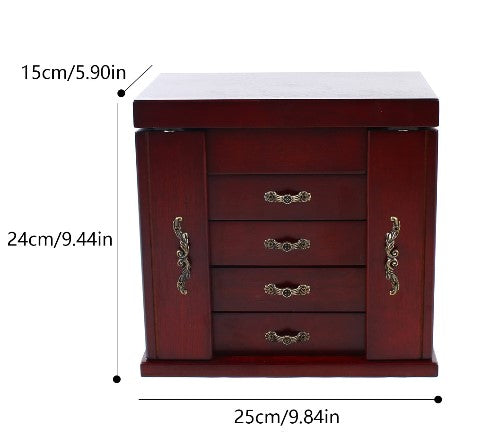 Schmuckkasten aus Holz Große Schmuckschatulle mit 4 Schubladen und Spiegel für Ohrringe Armbänder Ringe