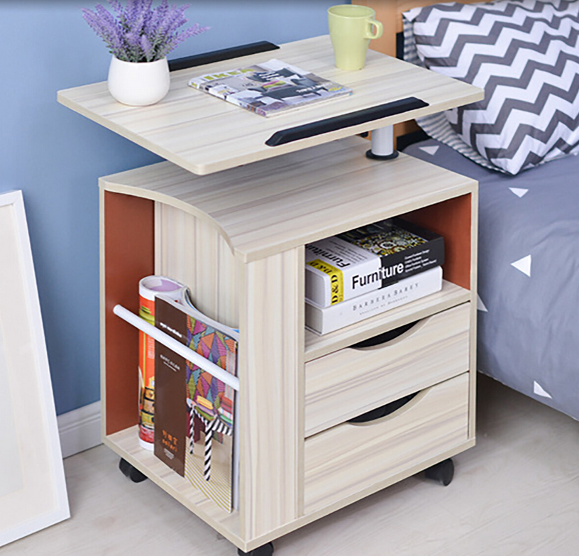 Funktioneller drehbarer Nachttisch verstellbar mit Schubladen, Rollen, mobiler drehbarer Nachttisch mit offener Ablagefläche