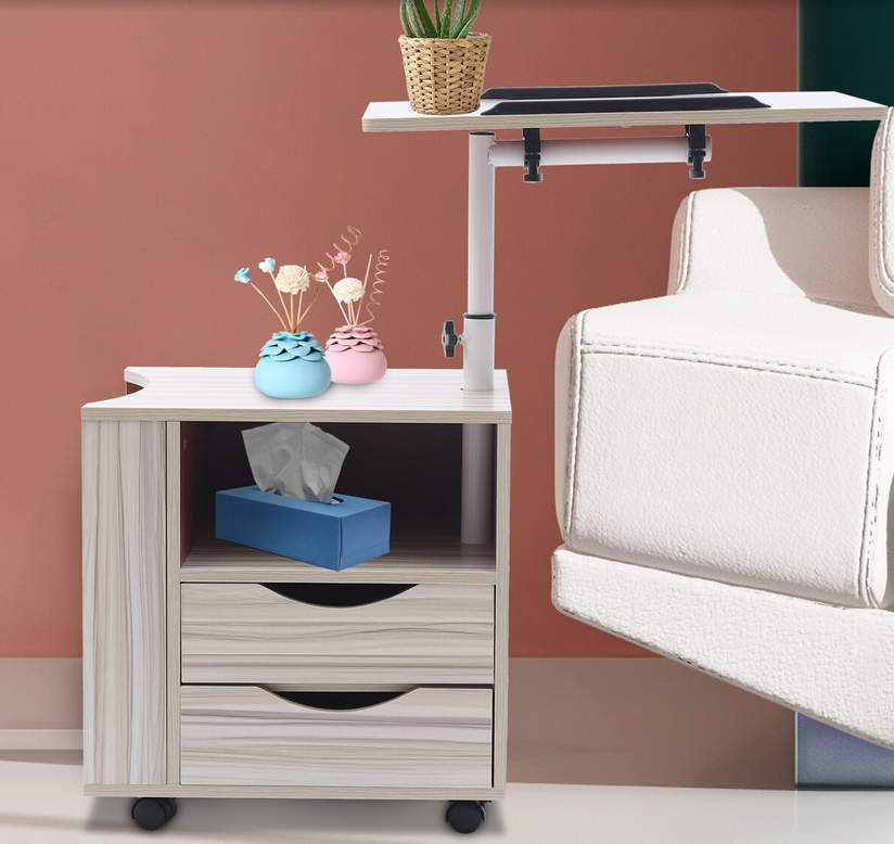 Funktioneller drehbarer Nachttisch verstellbar mit Schubladen, Rollen, mobiler drehbarer Nachttisch mit offener Ablagefläche