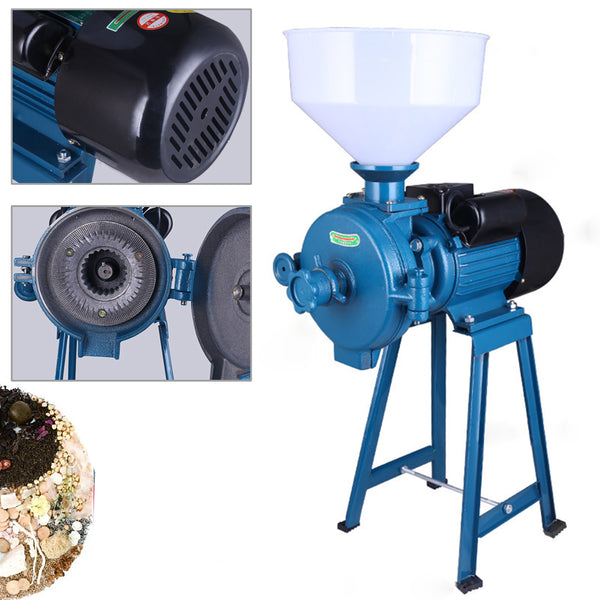 220V1500W Elektrische Futtermühle Trockengetreidemühle Reismahlmaschine Getreidemahlmaschine mit Trichter (Blue)