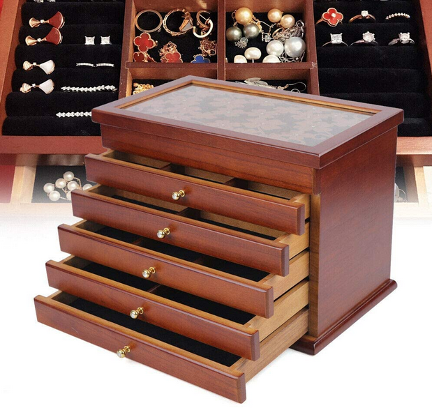 Retro 6 Schichten Holzschmuck Vitrine Schrank Organizer Schmuckkasten