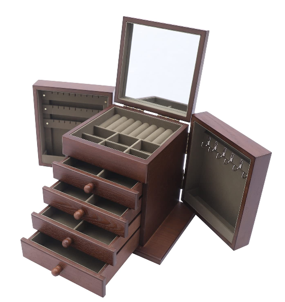 Schmuckkasten Holz Schmuckkästchen mit 5 Ebenen und Spiegel Schmuckaufbewahrung Braun Schmuckbox