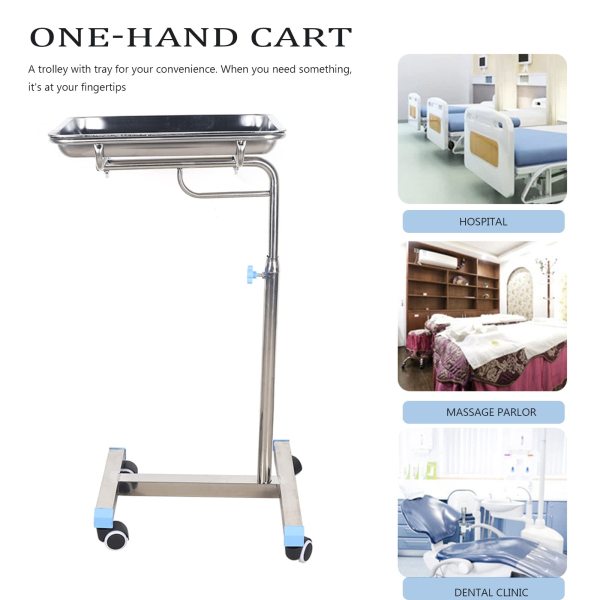 Mobiler Wagen aus Edelstahl Verstellbare Höhe mit Tablett Mobiler Wagen Tablettgestell für Krankenhäuser, Kliniken, Zahnmedizin, Schönheitssalons