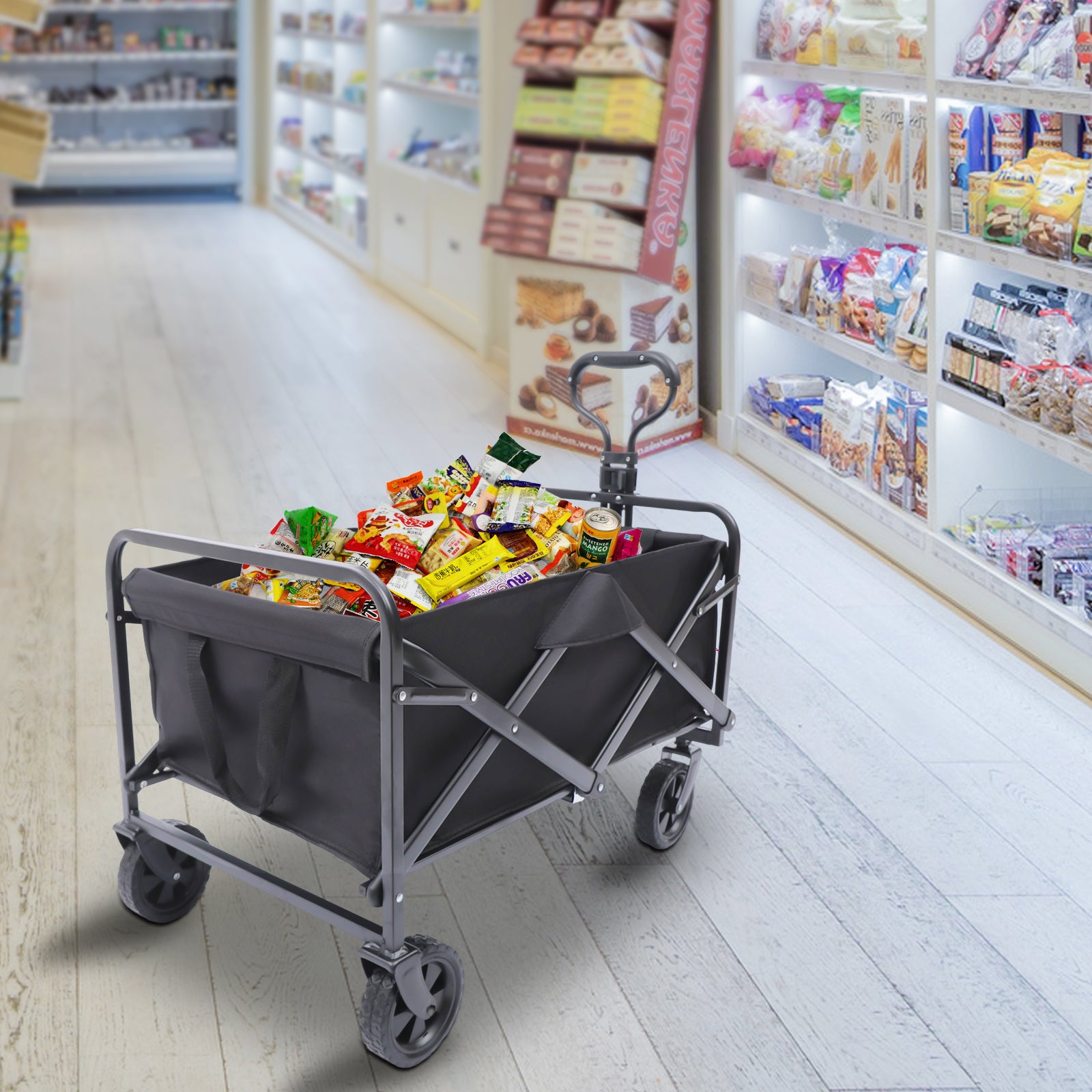 Faltbar Bollerwagen Strandwagen Klappbarer Transportwagen mit 5-Zoll-Rädern bis 80KG für den Garten Schwarz