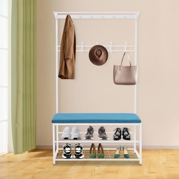 100 cm Kleiderständer mit Haken, Kleiderständer mit Bank, Multifunktionaler Kleiderständer mit Schuhablage – Weißer Rahmen + Blauer Samt 100 cm Kleiderständer mit Haken, Kleiderständer mit Bank, Multifunktionaler Kleiderständer mit Schuhablage – Weißer Rahmen + Blauer Samt