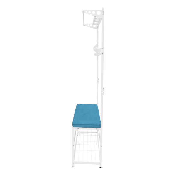100 cm Kleiderständer mit Haken, Kleiderständer mit Bank, Multifunktionaler Kleiderständer mit Schuhablage – Weißer Rahmen + Blauer Samt 100 cm Kleiderständer mit Haken, Kleiderständer mit Bank, Multifunktionaler Kleiderständer mit Schuhablage – Weißer Rahmen + Blauer Samt
