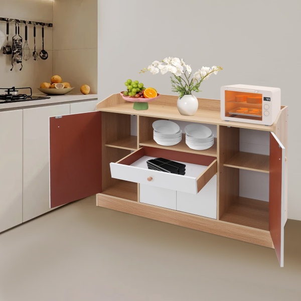 Four-door, one-drawer, one-grid tea cabinet, sideboard - warm white - pastoral oak color Kaffeebar-Schrank, Küchenlagerschrank, Lagerschrank Sideboard