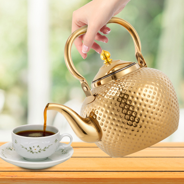 Edelstahl-Teekanne mit Sieb, mit Griff zum Abseihen von Tee, geeignet für Induktionskochfelder (2,0 Liter, gold)