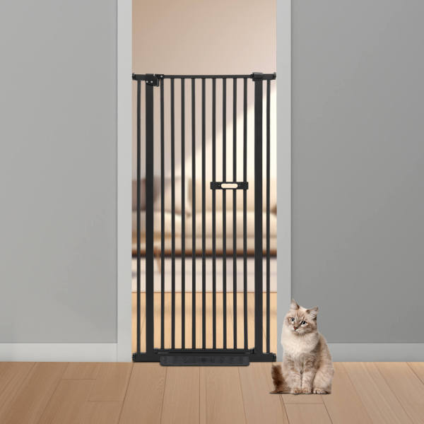 150 cm schwarzes, ausziehbares Haustiergitter, Hochsicherheitsbarriere für Hunde und Katzen – Einfache Installation