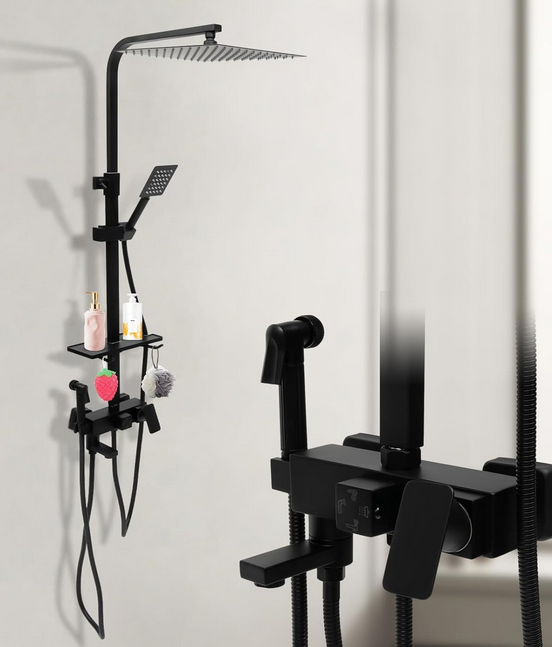 Schwarz Duschsystem Regendusche Set, Duschset Einstellbare Höhe, Keramik Ventilkern