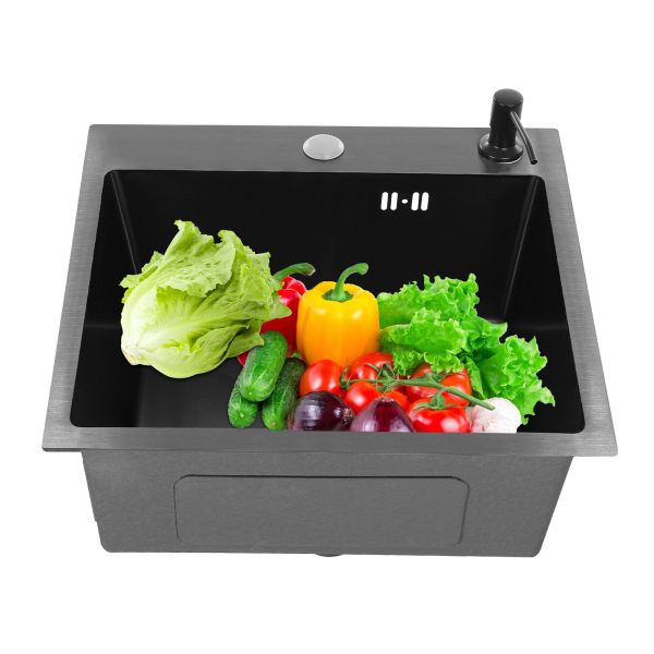 Spüle Schwarz 40 x 45 cm Einbauspüle Einzelbecken Rechteckige Küchenspüle + Seifenspender