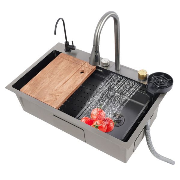 75 cm Edelstahl-Regenbecken, Küchenspüle, Haushaltsspülen-Set, Edelstahlspüle (Wabenprägung)